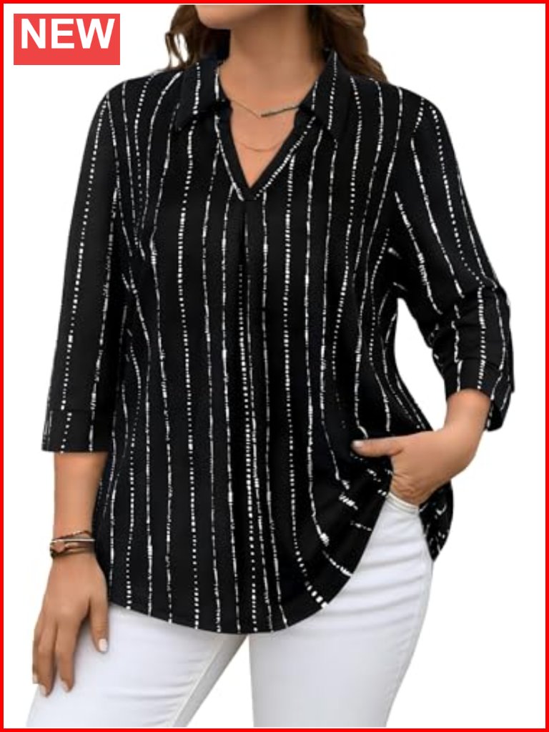 Plus Size V Neck 3/4 Sleeve Blouse Loose Fit Business Top